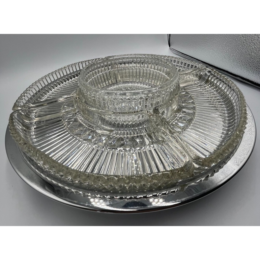 VTG Chrome Plated Rotating 13" Lazy Susan Server Glass Crystal Trays 6 Piece Set